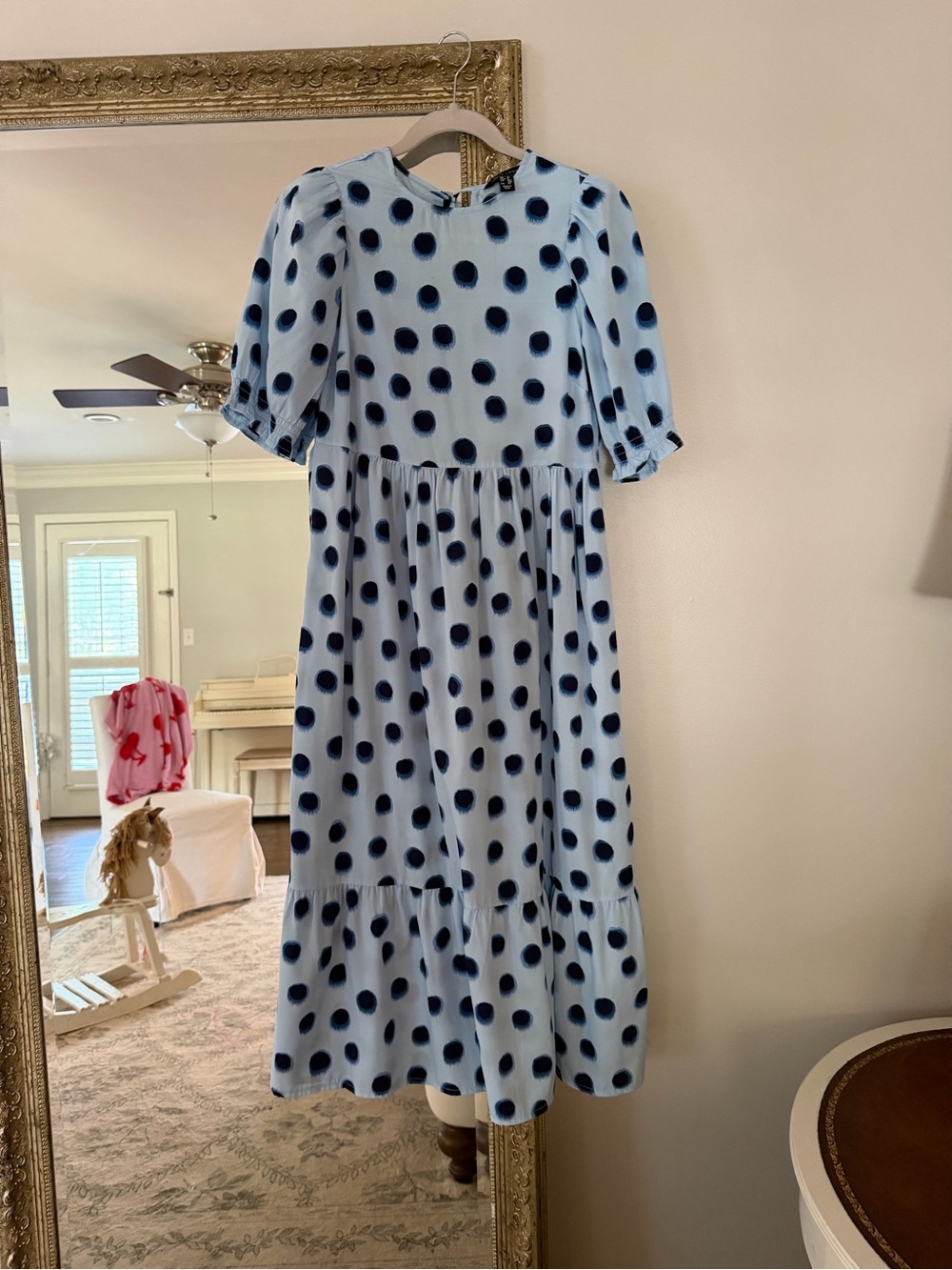 New Look Light Blue Midi Dress with Navy Polka Dots - Picture 1 of 5